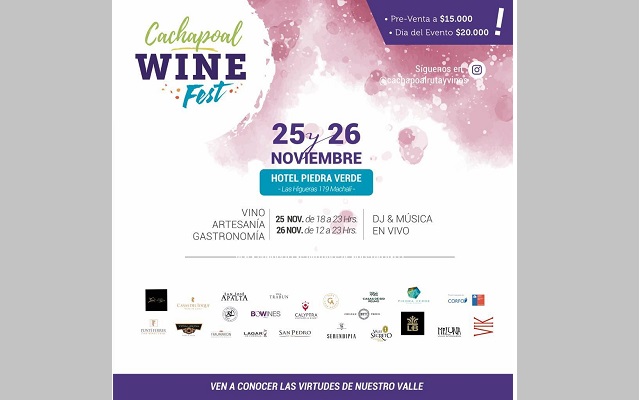 Tercera versión de Cachapoal Wine Fest será en el Hotel Piedra Verde